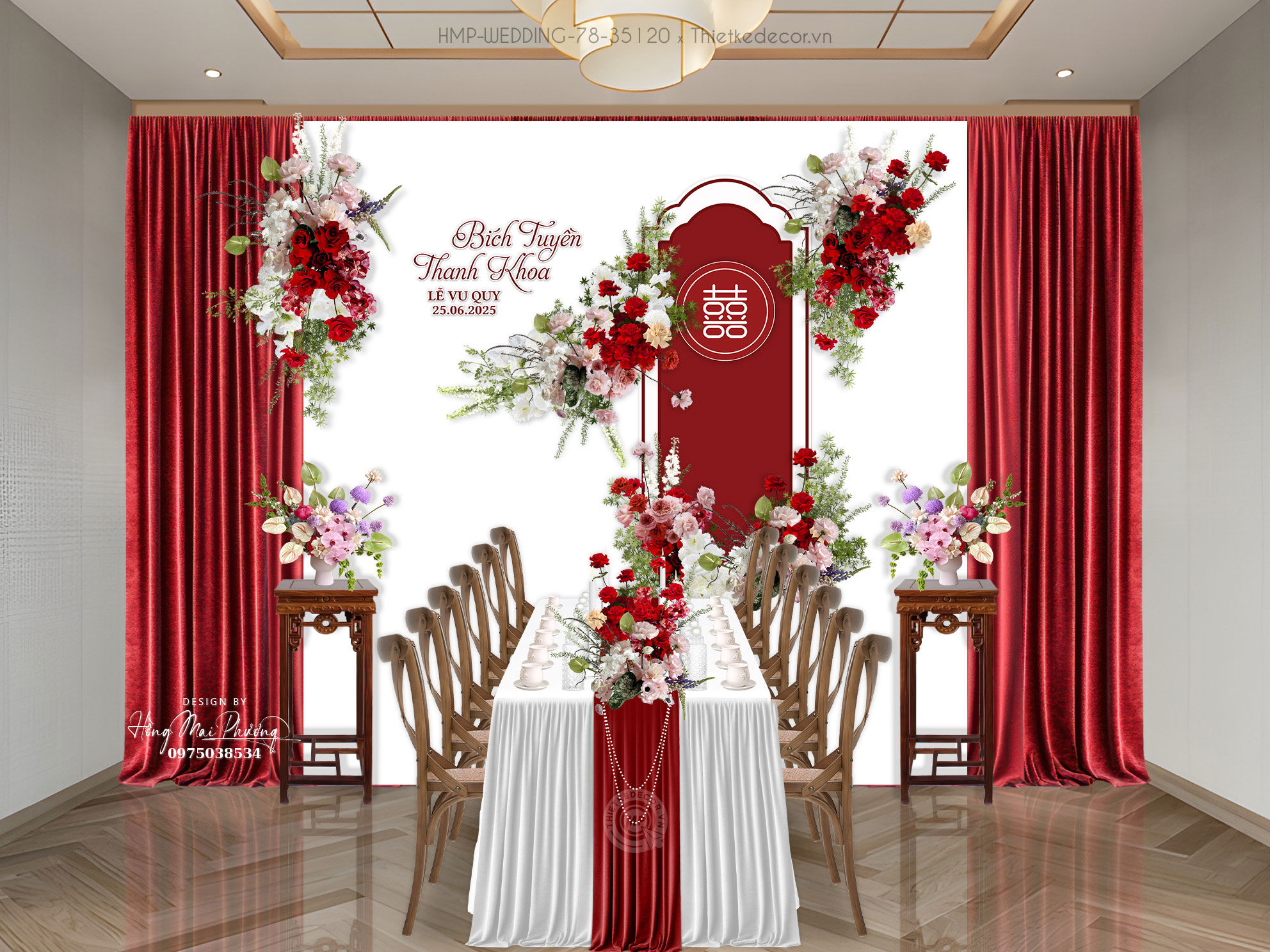 Gia tiên tone trắng - đỏ, mix chữ hỷ